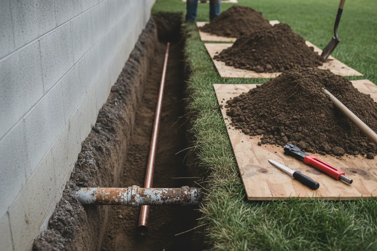 Excavated water line trench during Water Softener Installation in Conway